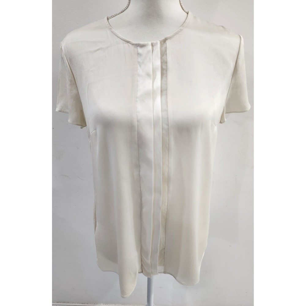 Hugo Boss Ikadi Silk Blend Pleated Front Blouse Cream Ivory Short Sleeve US 6